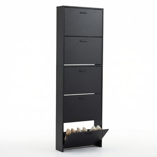 CASABEL Schuhschrank kompakt 15 Paar, Schwarze Türen und Rahmen | Schuhaufbewahrung, 5 Klappen, Klappfächer, schmales Format, platzsparend, modernes Design, einfache Montage
