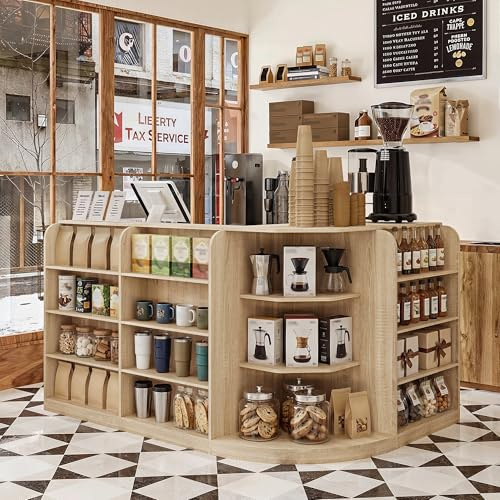 DEZAGCE Bancone da ricevimento a forma di L con vano portaoggetti, moderno bancone con 3 cassetti e armadio, tavolo per cassa effetto legno, per ufficio, hotel, salone, studio e negozio, 100 × 180 ×