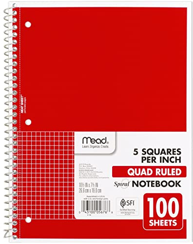 Mead Spiral Notebook, 1 Subject, Graph Ruled Paper, 7-1/2 x 10-1/2, 100 Sheets, Fire Red (05676AB5)