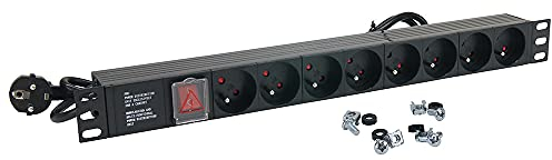Multiprise Rackable 19 Pouces, Bandeau 8 Prises Schuko avec Interrupteur, Fixations Pattes métal pour Rack 19 Pouces, Câbles 1,80m, fiche CEE 7/7