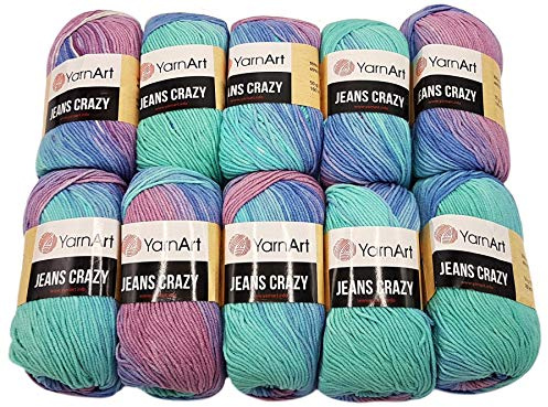 YarnArt Jeans Crazy Strickwollknäuel,10er-Packung, 50 g, aus 55% Baumwolle, 500 g Wolle mit mehrfarbigem Farbverlauf (Lila, Flieder, Mint 8203)