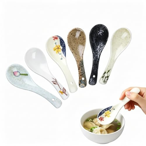 DOITOOL Japanese Soup Spoons Set of 6 Ceramic Spoons for Ramen Dumplings and Soup Smooth Surface Tableware for Home Restaurant and Kitchen Use Classic Japanese Style Serving Utensils