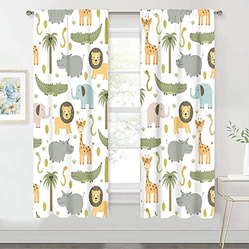 MESHELLY Vorhänge für Kinderzimmer, Safari-Tiere, 74 x 160 cm (B x H), Stangentasche, für Jungen, Kinder, Wald, Dschungel, Löwe, Elefant, Bedruckte Vorhänge für Wohnzimmer, Schlafzimmer