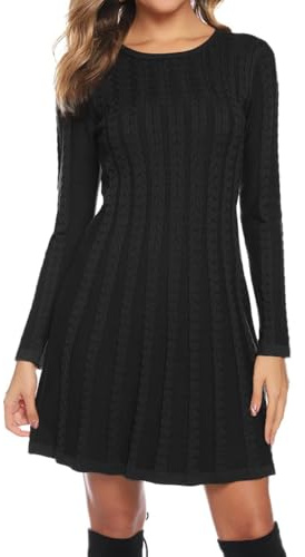 Gyabnw Robe Pull Femme Hiver Casual Tricotée Robe Pull Élégante Col Rond Robe A Ligne Manches Longues Mini Robe Pull pour Détente Soirée Cocktail,Noir-A L