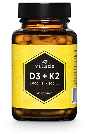 Vitamin D3 + K2 hochdosiert - 5000 IE D3 + 200mcg K2-90 Kapseln im Glas - Laborgeprüft