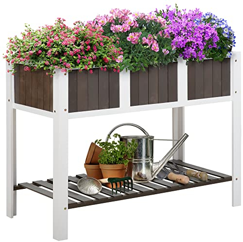 Outsunny Hochbeet Pflanztisch Gartenarbeitstisch hölzerne Gartenbeete für Gemüse Blumen, Pflanzkübel mit Regal, 119 x 57 x 89 cm, Tanne, Nicht gewebter Stoff, Weiß+Grau