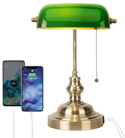 FIRVRE Grün Glas Banker Schreibtischlampe Tischlampen Retro Tischleuchte mit kabellosem Ladegerät USB Nachttischlampe mit Ladefunktion Antikes Metall Messing Zugkettenschalter