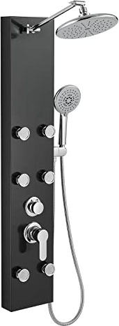 ROVOGO Shower Panel System with 6 Body Jets, Self-Cleaning Rainfall Shower and Handheld, Stainless Steel Shower Tower Column with Height Adjustable Shower Arm, Black