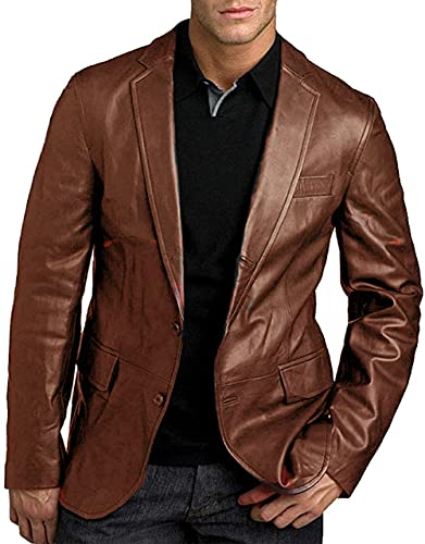 JACKETZONE Herren-Blazerjacke aus echtem Lammleder, schmale Passform, schwarzer Lederblazer für Herren, Braun - Lässige Blazerjacke, XXL
