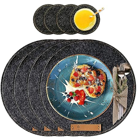FRIHET® Tischsets & Glasuntersetzer | Platzsets in grau | runde Platzdeckchen aus Filz | im 8er Set - Platzsets abwaschbar & hitzebeständig | Tischuntersetzer/Untersetzer Teller