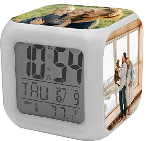 AIFLM Custom Photo Digital Alarm Clock LED Light with Indoor Temperature Battery Operated Desk Small Cube Clock Room Modern Decoration for Home Bedroom Decor
