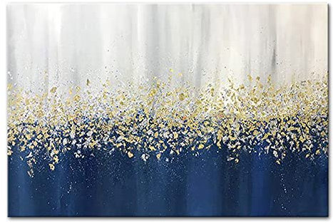 Mintura Kunstwerk, handbemalt, goldene Punkte, blaue Bilder, Wandkunst, Bild, Wohnzimmer, Acryl, Leinwand, Heimdekoration, Ölgemälde auf Leinwand (60 x 90 cm, ungerahmt)