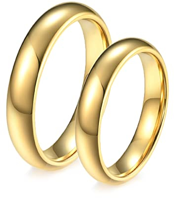 Gualiy Wolfram Ringe Verlobung mit Gravur, Trauringe Partnerringe Gold Poliert Ring 4mm Größe Damen 49 (15.6) + Herren 70 (22.3)