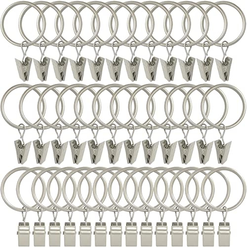 WeeksEight 40 Pack Matte Silver Curtain Rings with Clips, Curtain Hooks Hangers Clip Rings for Hanging Drapes Bows Hat, Drapery Rings 1.26 in I D, Fits up to 1 in Diameter Curtain Rod.