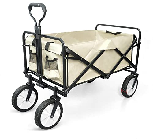 PJDDP Faltbare Bollerwagen Robuster Transportwagen mit Universalrädern, klappbar Gartenwagen mit Verstellbarem Griff, Outdoor Strandwagen Handwagen für Camping Angeln Shopping Sport,Khaki