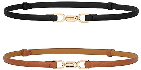 JASGOOD Damen Skinny Ledergürtel mit goldfarbener Schnalle Damen verstellbarer dünner Taillengürtel für Kleider, A-Schwarz + Braun, Fit Waist Size Up to 41 inches