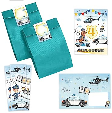 Minkocards 12 Einladungskarten zum 4. Kindergeburtstag Junge Polizei Detektiv Einladungen zum vierten Geburtstag incl. 12 Umschläge, 12 Partytüten/petrol, 12 Aufkleber, 12 Lesezeichen