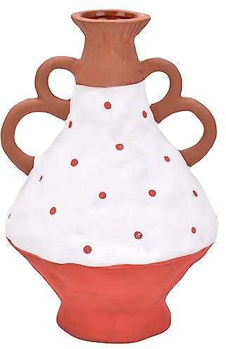 ROCKING GIFTS Jarrón de Cerámica con Asas Pintura Blanca y Roja Andaluza, Anfora Florero Decorativo Barro Marrón, Tinaja Adorno Artesanal Étnico, 20 cm