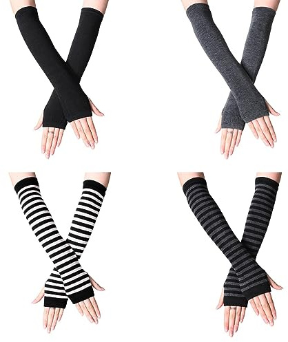 VEGCOO 4 Pairs Long Fingerless Gloves for Women, Stretchy Knitted Fingerless Glovesthumb Hole Arm Warmers Long Gloves (Black)