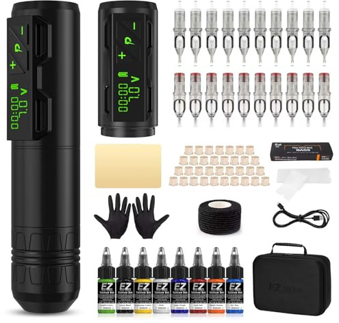 EZ Tattoo Maschinen Set - Tattoo Set mit Kabelloser Tattoo Maschine, 1800mAh Stromversorgung Akku, 20 Stück Tattoo Nadeln and 8 Farben Tinten für Tattoo Anfänger und Künstler (P2S Schwarz)