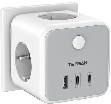 TESSAN Ladron Enchufe con 2 USB C, 6 en 1 Ladron Cubo con 3 Tomas CA y 3 USB, Cubo Enchufe Multiple Triple con Interruptor, Regleta Pared Compatible con Pad Phone para Cocina Oficina