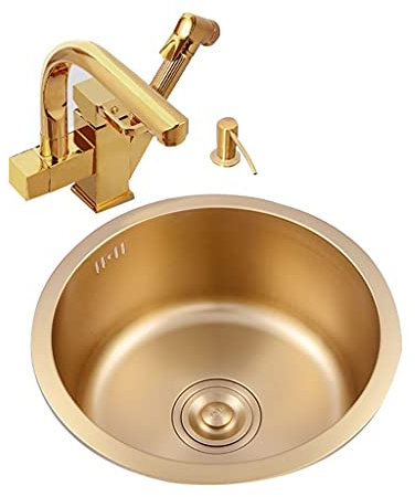 Fregaderos de cocina de acero inoxidable con empotrar, redondo, con escurridor, barra de fregadero redonda pequeña, fregadero de 32/36/40 cm, juego de fregadero doméstico (color: dorado (E),