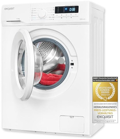 Exquisit Waschmaschine WA7014-020A Weiss - 7 kg Frontlader - Klasse A | 12 Waschprogramme, Aquastopp & Kindersicherung - Modernes Display mit Restzeitanzeige & praktischer Startzeitvorwahl