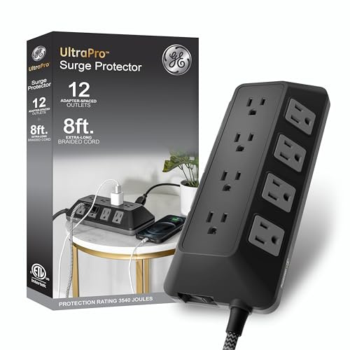 GE UltraPro 12-Outlet Surge Protector, 8 Ft Braided Extension Cord, Multi Plug Outlet Extender, Adapter Spaced, Flat Plug, for Home, Office, Dorm, 3540 Joules, Black, 81784