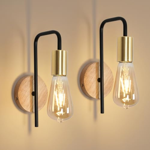 Osairous Applique Murale Vintage 2 Pack, Lampe Murale Intérieur Industrielle, Spot Mural Fer Rétro pour Chambre Couloir Bar, E27, IP20, Couleur du Bois, Sans Ampoule