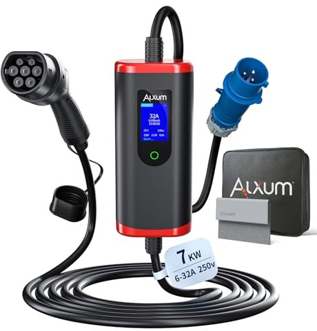Alxum EV Charger Type 2 Cable to CEE Plug - 7KW 5M/16.4FT Type 2 EV Charging Cable, 6/8/10/13/16/20/24/32A Adjustable Current, 1-12H Delayed, EV Mobile Charging Station for Electric Vehicle/PHEV