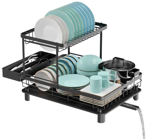 E-MANIS Escurridor de Platos, Escurreplatos sobre Fregadero de 2 Pisos, Escurreplatos con Drenaje Automático,con Estante de Vajilla Extraíble