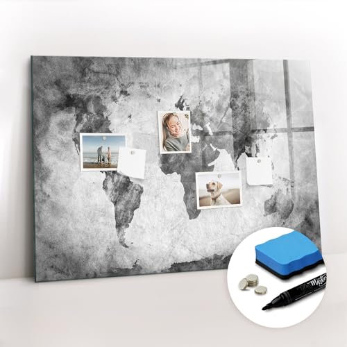 Tulup Magnettafel Magnetpinnwand 100x70 Magnetisch zum Beschriften Glasplatte Schreibtafel mit Motiv Tafel abwaschbar Wandtafel mit Magneten und Stift - Weltkarte