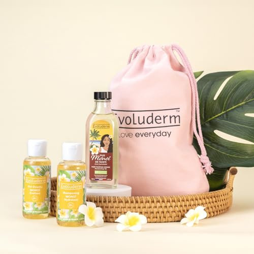 EVOLUDERM – Routine Escapade Estivale - 1 Gel Douche Exaltant 100ml + 1 Shampoing Hydratant 100ml + 1 Pur Monoi de Tahiti Huile Hydratante + 1 Pochon Coton Offert - Végan - Fabrication Française…