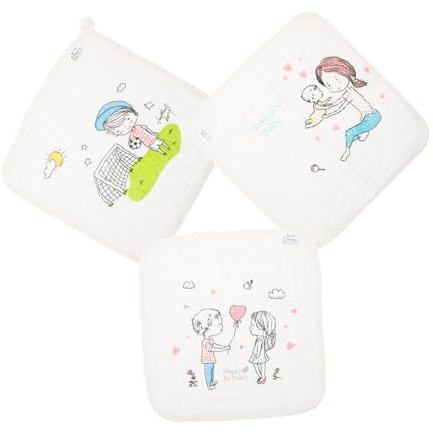 BIUDECO Toallitas Para Bebés De Algodón 30x30 Cm Estampado Infantil Unisex Suave Absorbente Para Baño y Cuidado Diario Pañuelos Cuadrados Para Saliva 3 Piezas