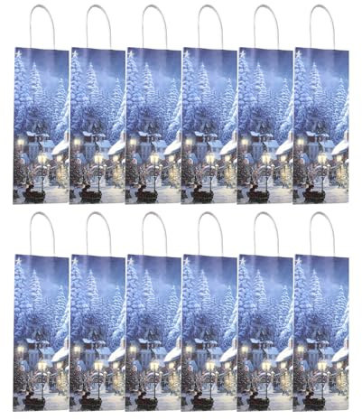 12 Flaschentüten Weihnachten aus Kraftpapier – 12,5x9x35 cm – Wintermotiv Geschenktüten für Wein & Sekt – Hochwertige Flaschen-Geschenkverpackung für Feiertage & Anlässe