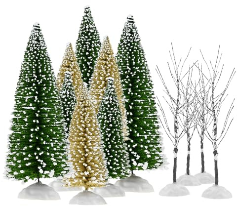 Yetaha 12PCS Mini Mixed Christmas Trees, Small Artificial Frost Trees with Bases, Miniature Green/Yellow Sisal Bottle Brush Tree for Tabletop Christmas Party Decoration DIY Crafts 13/15/18cm