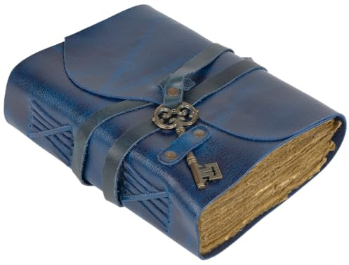 GlobeeCraft Vintage Lederbuch zum Reinschreiben mit Schloss, Reisetagebuch Leder Blau aus Baumwollpapier, Tagebuch Leder Vintage 18x13 cm für Männer & Frauen