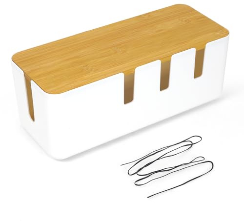 30x12x11CM Boîte de Gestion des Câbles, Boîte de Rangement pour Cordon, Boîte D'organisation des Câbles en Plastique avec Couvercle en Bambou pour Cacher Les Cordons Electriques