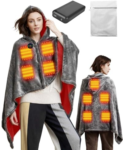 Olutula Electric USB Heated Shawl Blanket 150x85cm with Zipper Detachable Hat, Equipped with Battery 7.4V Nine Heated Areas Large Size Thick Flannel Fast Heating 3 Levels Temperature Heated Blanket