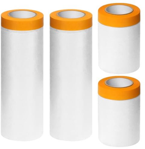 QWORK® 4 Rollen Kunststoff-Staubschutzfolie, 2 Größen 55cmx20m/150cmx20m Abdeckfolie mit Klebeband, Maler Abdeckfolie, für Renovierung und Schutzarbeiten