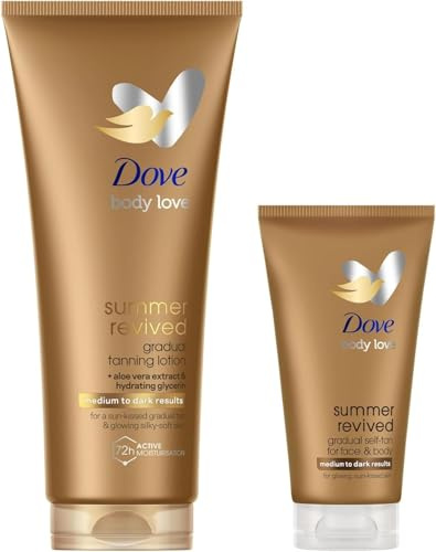 Dove Kit de Lotions Autobronzantes Summer Revived, 1x 200ml + 1x 75ml | Gesicht und Körper, Für mittlere und Dunkle Hauttypen, Stufenweise Bräune, Strahlende Haut, 72H Feuchtigkeit, Mit Aloe Vera