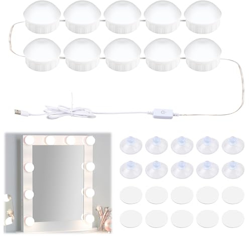 Litinliv LED Luci da Specchio Hollywood, Lampade da Toeletta con 10 Lampadine Dimmerabili, Luci di Specchio Vanità con Cavo USB Regolabile e 3 Colori per Bagno Tavolo Specchio Cosmetico