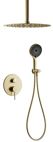Conjunto Monomando de Ducha Empotrado a Techo, Duchas de Baño Empotradas con Alcachofa, Conjunto Sistema Columna de Ducha Empotrada con 2-Vías, Brazo de Techo y Cuerpo de Válvula de Latón