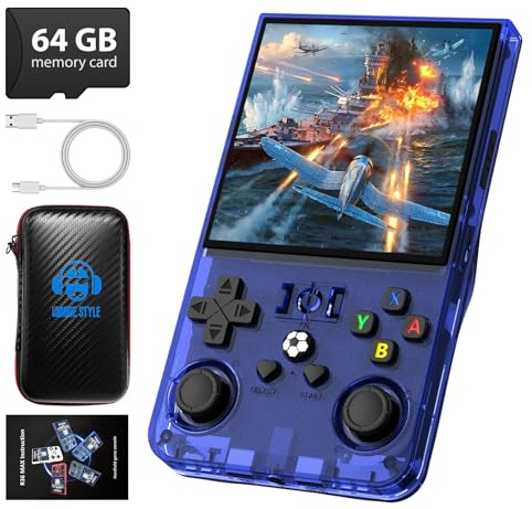 R36MAX Retro Handheld Game Console, 4.0 Inch 720x720 IPS Screen, 64GB Built-in 18,000+ Classic Game, Portable Hand Held Open Source Linux System, 4000mAh Battery Retro Gaming Console(Blue 64GB)
