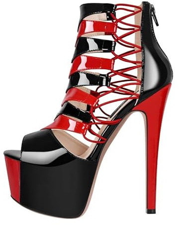 Only maker Damen Plateau Sandaletten High Heels Schaftsandalen Peeptoe Sandalen Stiletto mit Rei?Verschluss Pole Dance Schuhe Lack Schwarz Rot 46 EU