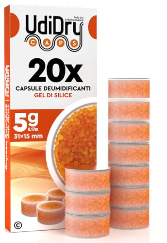 20 Capsule Deumidificanti per Apparecchi Acustici UdiDry Caps 5g 31mm con Gel di Silice Assorbi Umidità di Alta Qualità - Capsule Essiccanti con Indicatore di Colore per Asciugatura Protesi Acustiche