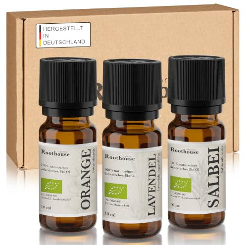Roothouse-Organics® 3er Set - Schlafgut und Entspannung - 100% naturreine ätherische Bio Öle - Lavendelöl +Salbeiöl + Orangenöl - für Aromadiffusor und Duftlampe geeignet