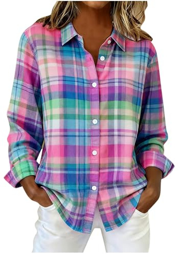 Ladies Flannel Checked Shirt Cotton Long Sleeve Button Down Plaid Blouse Oversized Loose Casual Check Tops Soft Breathable Womens Plaid Shirts for Daily Commute Autumn Wear Purple