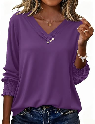 Rapbin Womens Summer Casual Tops 3/4 Sleeve Shirts V Neck Elegant Business Blouses Tunic Perfect with Jeans Purple XL