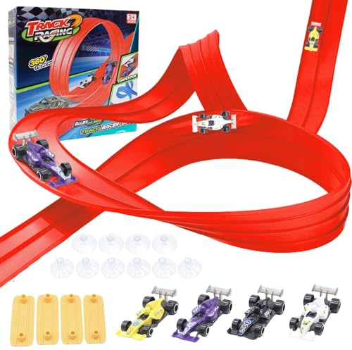 Tbintul Piste Macchinine per Bambini 5M, Giocattolo Piste da Corsa con 4 Auto, Portatile per Salti Loops Circuito di Corse per Bambini con Rampa, Portatile Pista per 3+ Anni